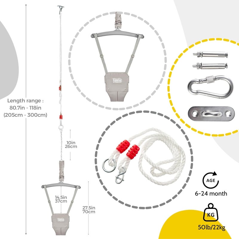 FUNLIO Baby Jumper with a Ceiling Hook for 6-24 Months, Baby Door Jumper for Indoor/Outdoor Play, Infant Jumper Doorway with Adjustable Chain, Easy to Assemble & Store (with a Ceiling Hook)- Grey - Image 5